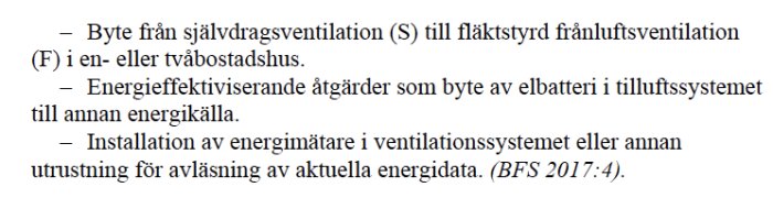 Textdokument med exempelpunkter på icke väsentliga förändringar i ventilationssystem enligt BFS 2017:4.