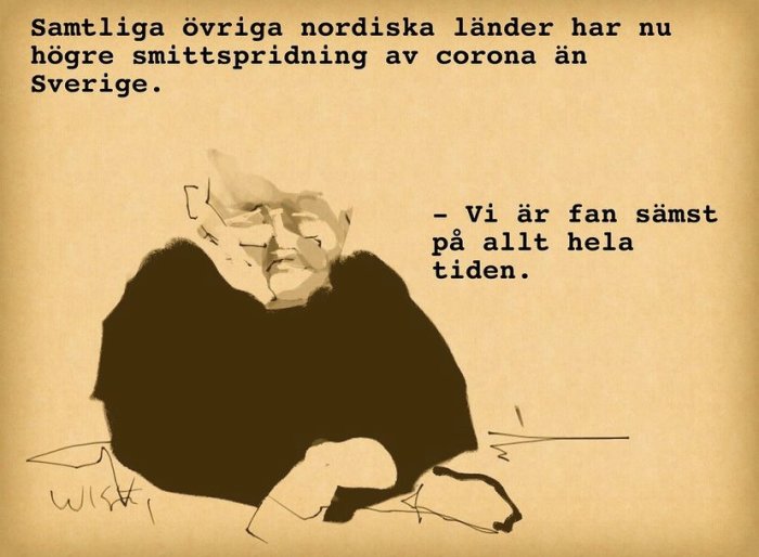 Illustration av en figur med text om coronaspridning, samt pratbubbla som uttrycker frustration.