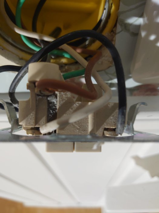 Nahaufnahme einer offenen Lichtschalterdose mit sichtbaren elektrischen Kabeln und Verbindungen.