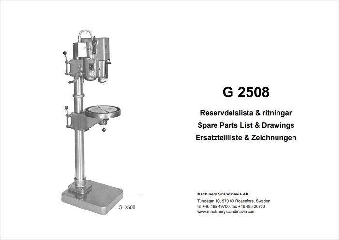 Framsida av manual för maskinen G 2508, visar bild på borrmaskin och text "Reservdelslista & ritningar" på tre språk.
