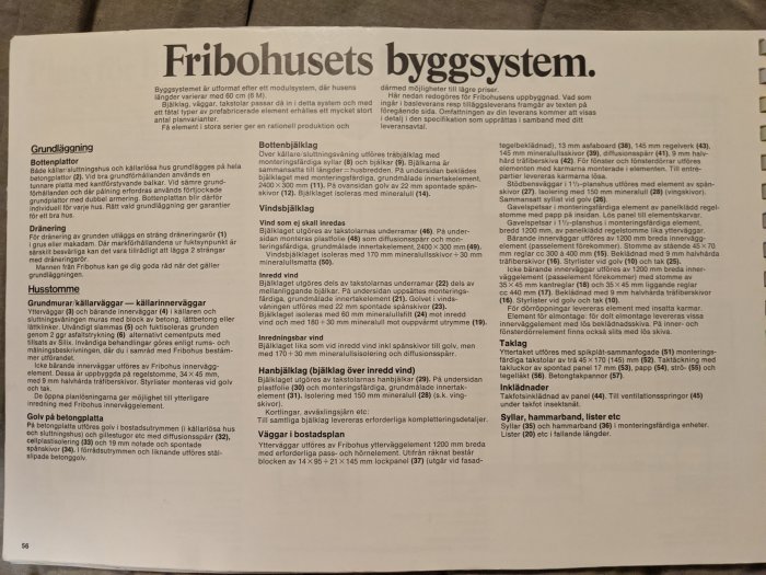Äldre konstruktionsritning för "Fribohusets byggsystem" med textbeskrivning på svenska.
