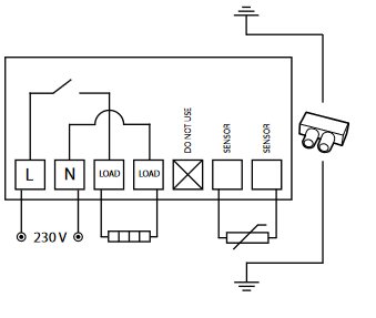 Schematisk illustration av en termostats interna kopplingsdiagram med beteckningar för mätning.