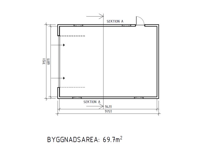 Ritning av ett garage med måttangivelser och byggnadsarea på 69.7 kvm.