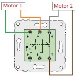 Elektriskt kopplingsschema med två motorer anslutna till en brytare, korrekt riktade fjädrar visade.