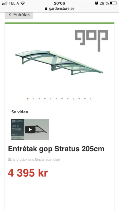 Entrétak i glas och metall på en webbplats, modell gop Stratus 205cm, med pris 4 395 kr.