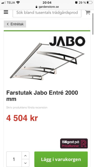 Ett färdigt skärmtak för entré - Färstutak Jabo Entré 2000 på en webbsida med prisinformation.