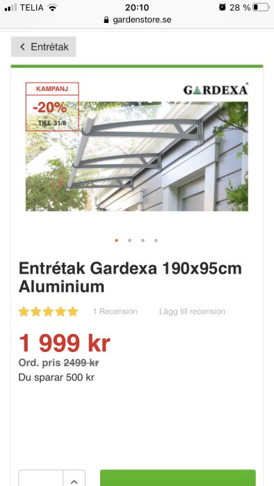 Modern entrétak i aluminium monterat ovanför en husdörr för att skydda mot regn.