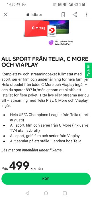 Skärmbild av Telias sportpaket-erbjudande med pris 499 kr/mån och Köp-knapp.
