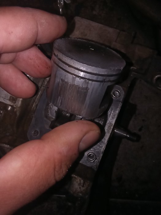 Skadad kolven i en motorsåg med synliga slitagespår, hållen av en person.