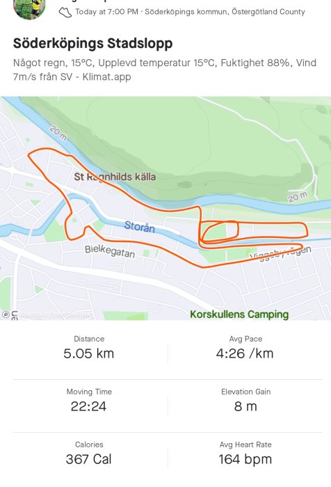 Kartskärmvisning av löparens väg under Söderköpings Stadslopp, 5,05 km på 22:24 min, med statistik och väderdata.