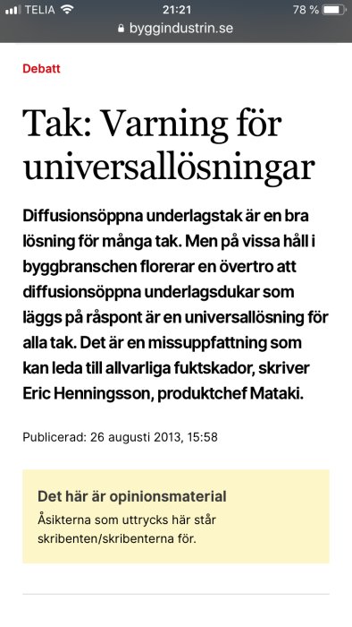 Skärmdump av en debattartikel med titeln "Tak: Varning för universallösningar" om underlagstak och risker med felaktig användning.