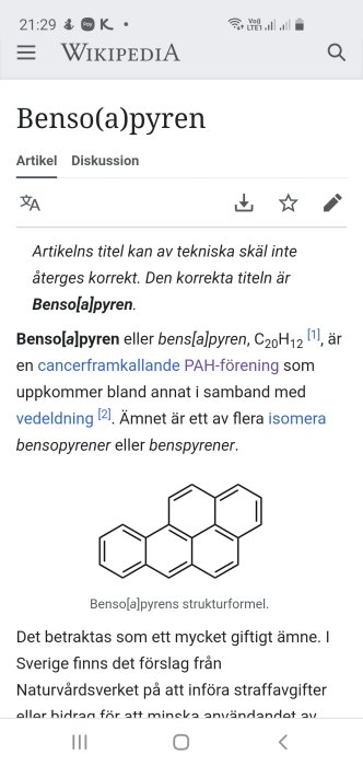 Skärmdump av Wikipedia-artikel om Benso(a)pyren med strukturformel och information om dess cancerframkallande egenskaper.