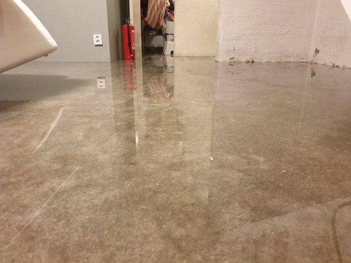 Oversvømt kjellergulv med vannspeil, ca 4-5 cm dypt. Vannet dekker teppet delvis, med synlige møbler og vegger i bakgrunnen.