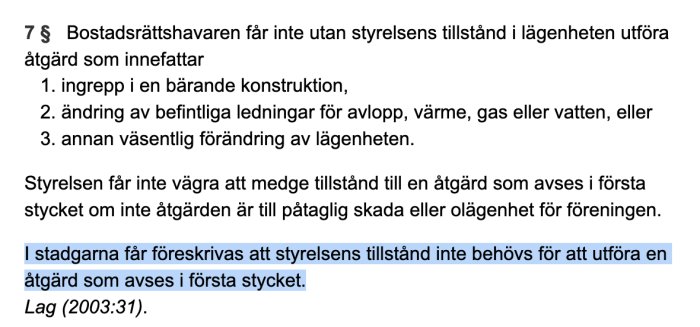 Utdrag ur bostadsrättslagen med markering kring styrelsens tillstånd för ändringar i lägenheten.