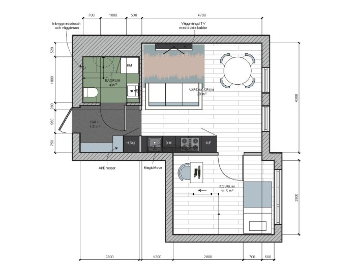 Detaljerad planritning av en lägenhet med dimensioner, möbler och hushållsapparater.