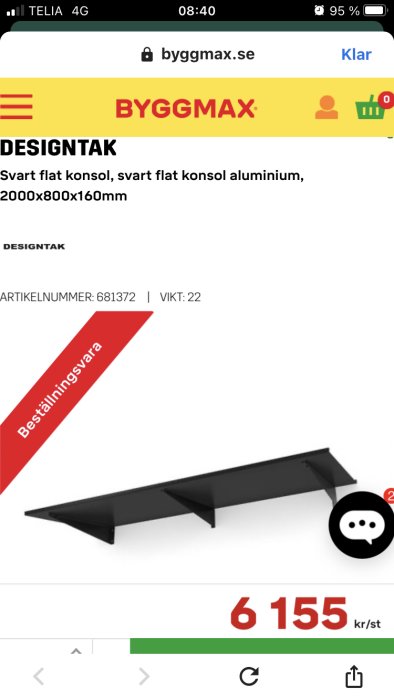 Svart aluminiumkonsol för hängränna från Byggmax webbsida, visas på en smartphone.