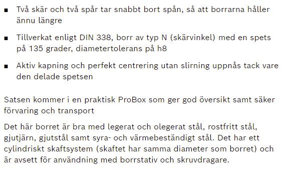 Skärmbild av produktinformation från Boschs hemsida om borrar med specifikationer och fördelar.