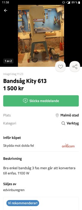 Bandsåg Kity 613 i verkstad med verktygstavla och verktyg i bakgrunden.