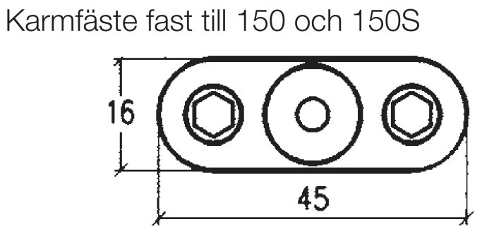 Ritning av ett karmfäste för ASSA 150 och 150S med måttangivelser i millimeter.