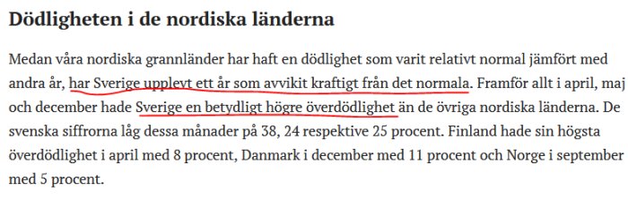 Text urklipp om överdödlighet i de nordiska länderna med statistik och jämförelser.