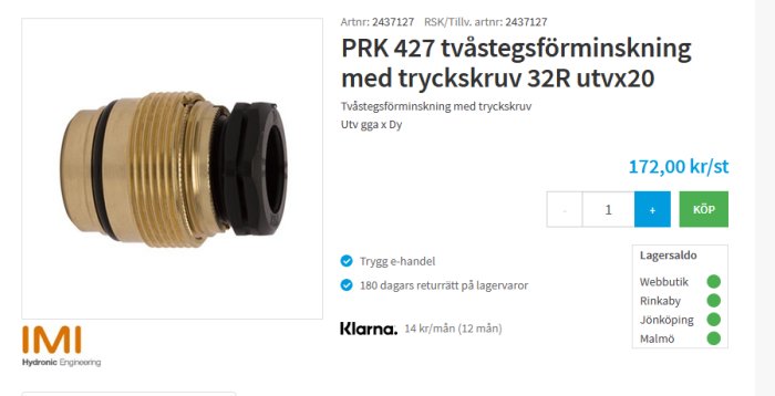 PRK 427 tvåstegsförminskning med tryckskruv 32R utv20 för rörsystem, visas bredvid pris och köpknapp.