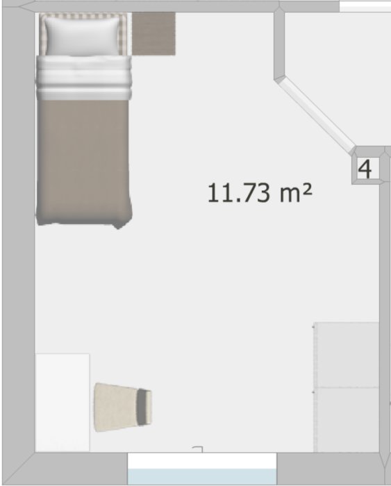 Planritning av ett sovrum med möbler och markerad vinkel på dörröppning, yta angiven till 11.73 m².
