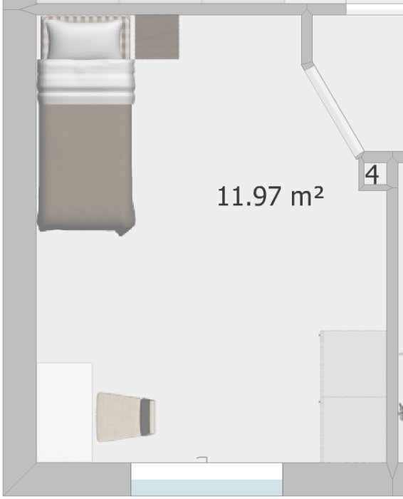 Planritning av ett sovrum med vinklad dörröppning, säng och text som visar ytan 11.97 m².
