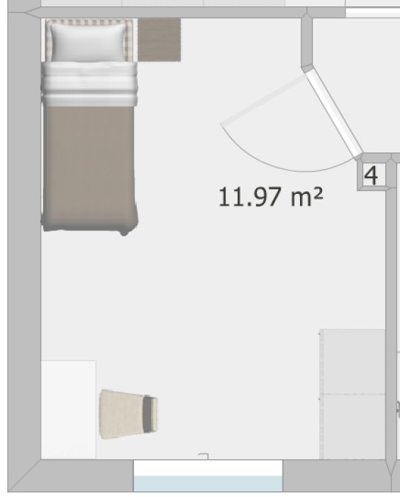 Ritning av sovrum med säng och areal på 11.97 m² markerad.