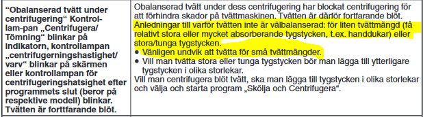 Skärmdump ur tvättmaskinsmanualen som förklarar varför obalanserad tvätt kan förhindra centrifugering.