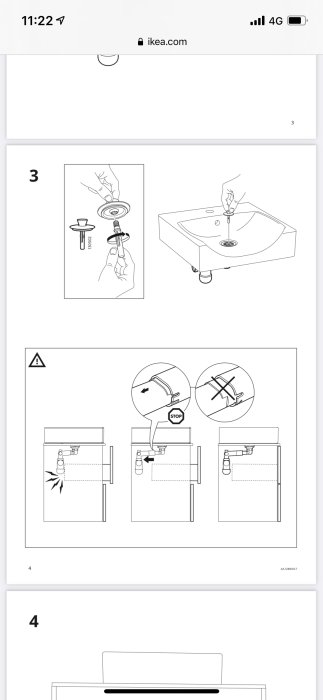 Instruktionsbilder för installation av avlopp i handfat, inklusive varningar och verktygsanvisningar.