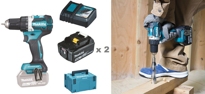 Makita borrskruvdragare DDF484RTJ med två batterier, laddare och väska, samt användningsscen i arbete med trä.