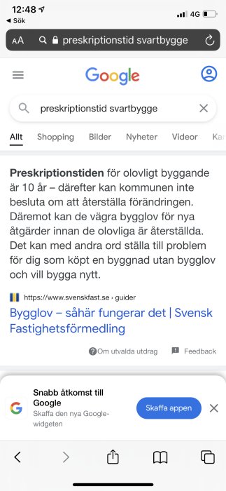 Skärmdump av Google-sökning på "preskriptionstid svartbygge" med sökresultat.