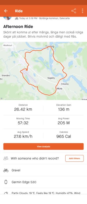 Skärmdump av cykelaktivitet med rutt på karta, distans, tid, hastighet och kaloriförbrukning.