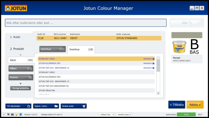 Skärmdump av Jotun Colour Manager med kulör ID 7118, NCS-nummer och namnet VEKST markerat.