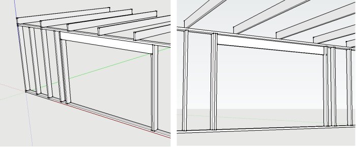 CAD-ritning av en träkonstruktion med takstolar, hammarband och avväxlingsbalk.