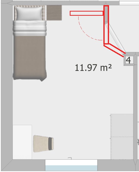Ritning över rum med säng och en öppnad dörr mot vägg, utrymme bakom för kläder markerat.