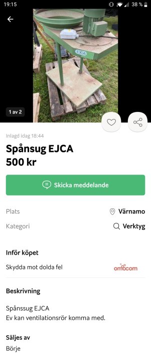 Spånsug Ejca på gräsmatta till salu för 500 kr, möjligt ventilationsrör inkluderat.