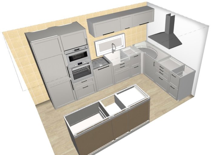 3D-skitsering av ett modernt kök med skåp, inbyggd ugn och köksö, i grå och beige toner.
