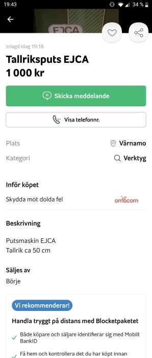 Skärmbild av en försäljningsannons för en Tallriksputs EJCA till priset av 1 000 kr i Värnamo, med beskrivning och kontaktinformation.