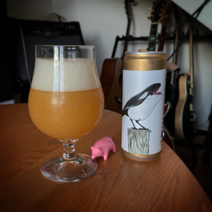 Ölglas och burk med fågelmotiv på träbord, omgiven av musikinstrument och en liten rosa grisfigur.