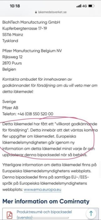 Skärmdump från Läkemedelsverkets webbplats som visar kontaktinformation för läkemedelstillverkare och information om villkorat godkännande.