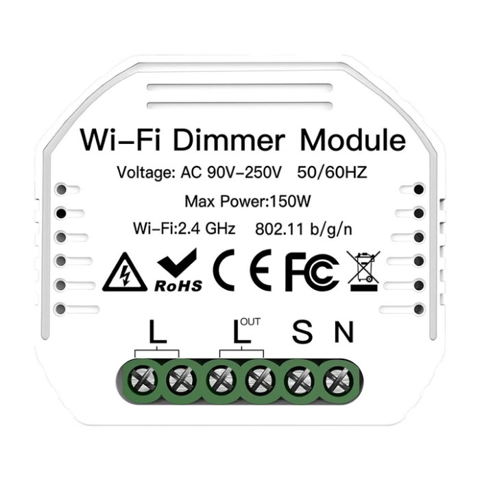 Wi-Fi dimmermodul för smart hem, märkt med tekniska specifikationer och anslutningsportar.