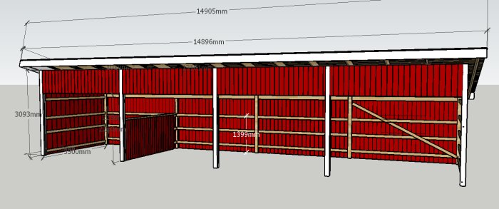 CAD-ritning av ett vindskydd med dimensioner och snedsträvor.