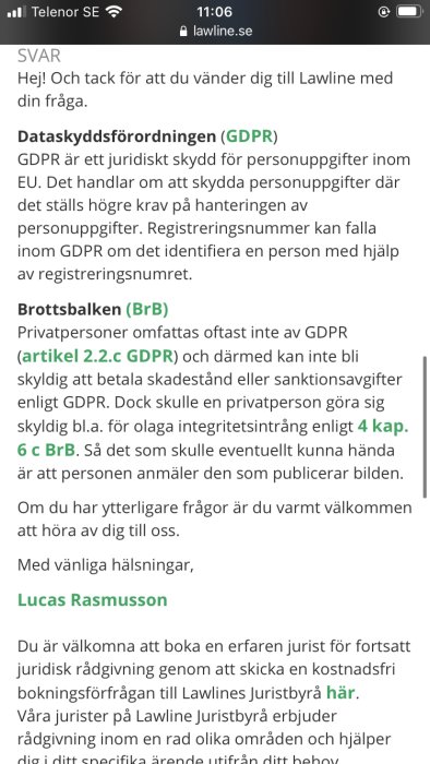 Skärmdump av juridisk information om GDPR och Brottsbalken på en svensk juridisk webbplats.