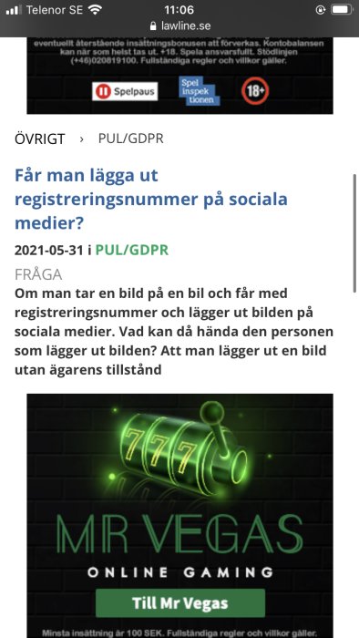 Skärmdump av en diskussionstråd på en hemsida med en fråga om laglighet av att dela bilder på bilar på sociala medier.