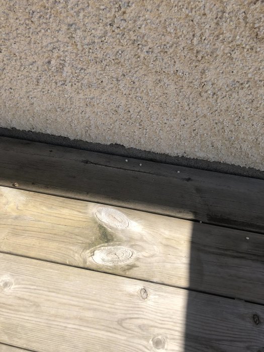 Trädäck intill husfasad med svullnad på grund av fuktighet, vilket leder till vattenansamling.