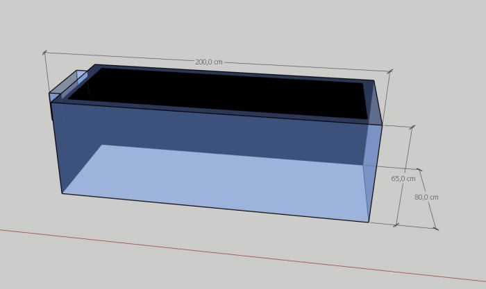 3D-ritning av ett stort akvarium med angivna mått, 200 cm i längd, 65 cm i djup och 80 cm i höjd.