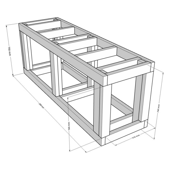 Ritning av en träställning för akvarium med måtten 2500x750x1000 mm.