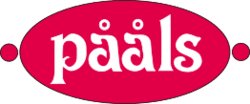 Logotyp med ordet "pääls" i vit text på en rosa oval bakgrund omgiven av vita prickar.