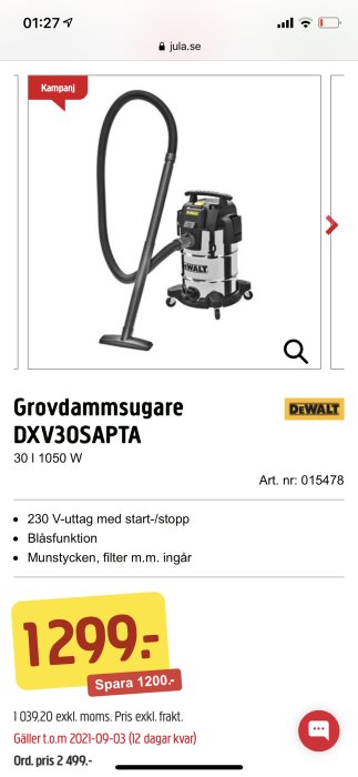 Grovdammsugare DXV30SAPTA från DeWalt i kampanj, pris och specifikationer synliga.